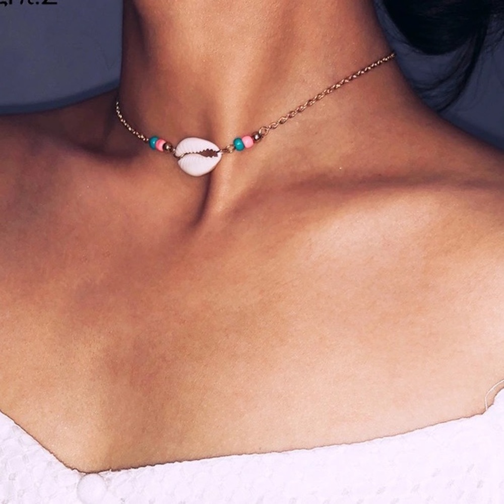 Silver beaded Cowrie puka Shell Choker Necklace